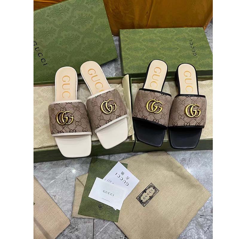 G*u*i women’s gg matelassé canvas slide sandal double g square toe leather flat