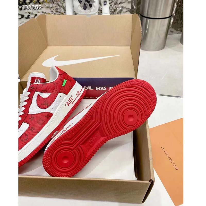 Louis Vuitton LV Unisex Nike Air Force 1 Sneaker Red Monogram Embossed Calf Leather