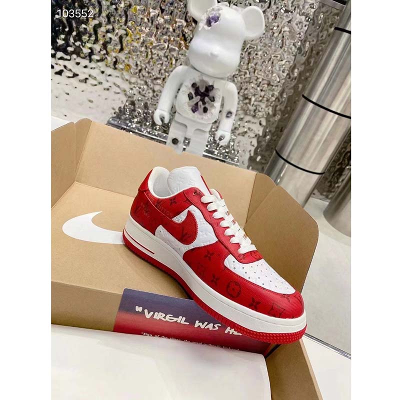 Louis Vuitton LV Unisex Nike Air Force 1 Sneaker Red Monogram Embossed Calf Leather