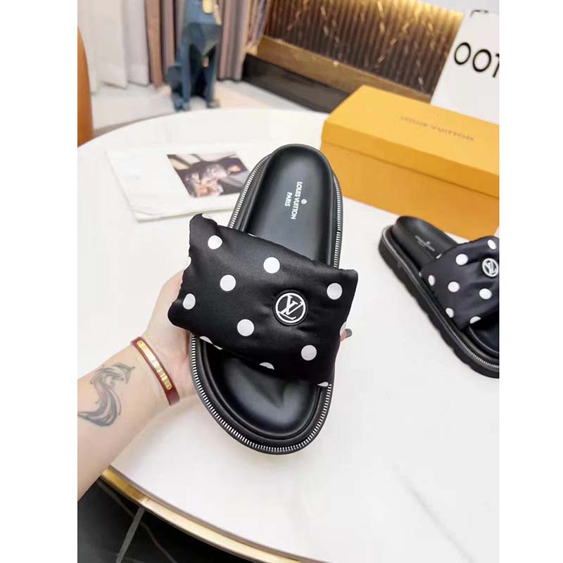 Louis Vuitton LV Unisex Pool Pillow Flat Comfort Mule Black White Satin Circle