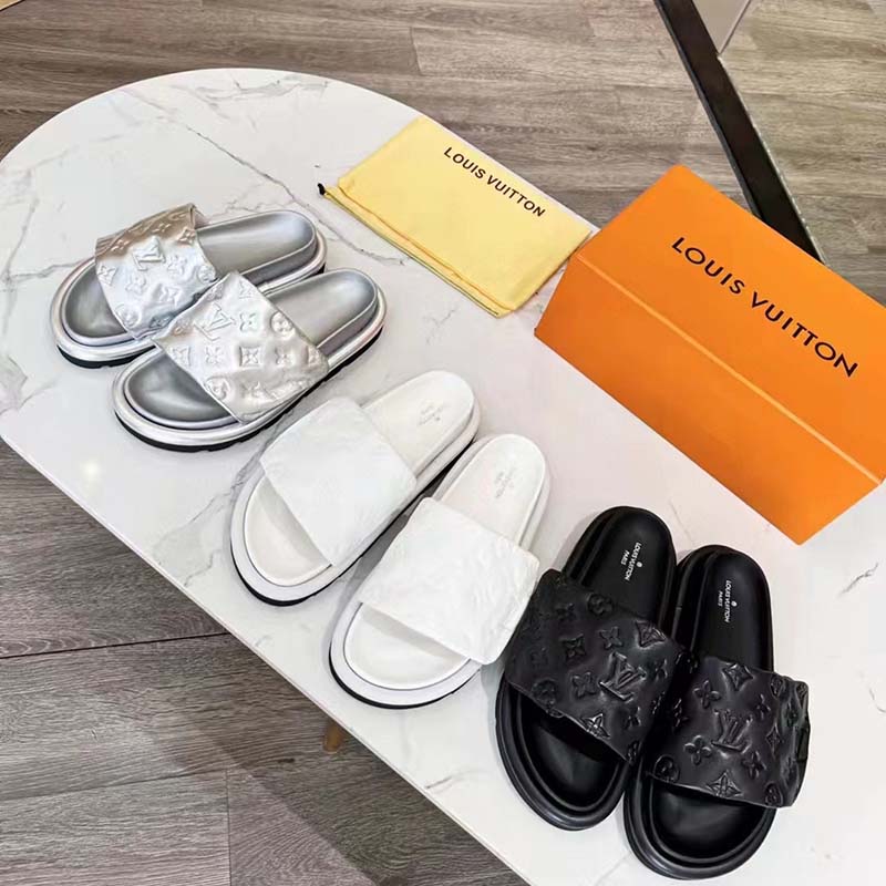 Louis Vuitton LV Unisex Pool Pillow Flat Comfort Mule White Monogram Embossed Lambskin