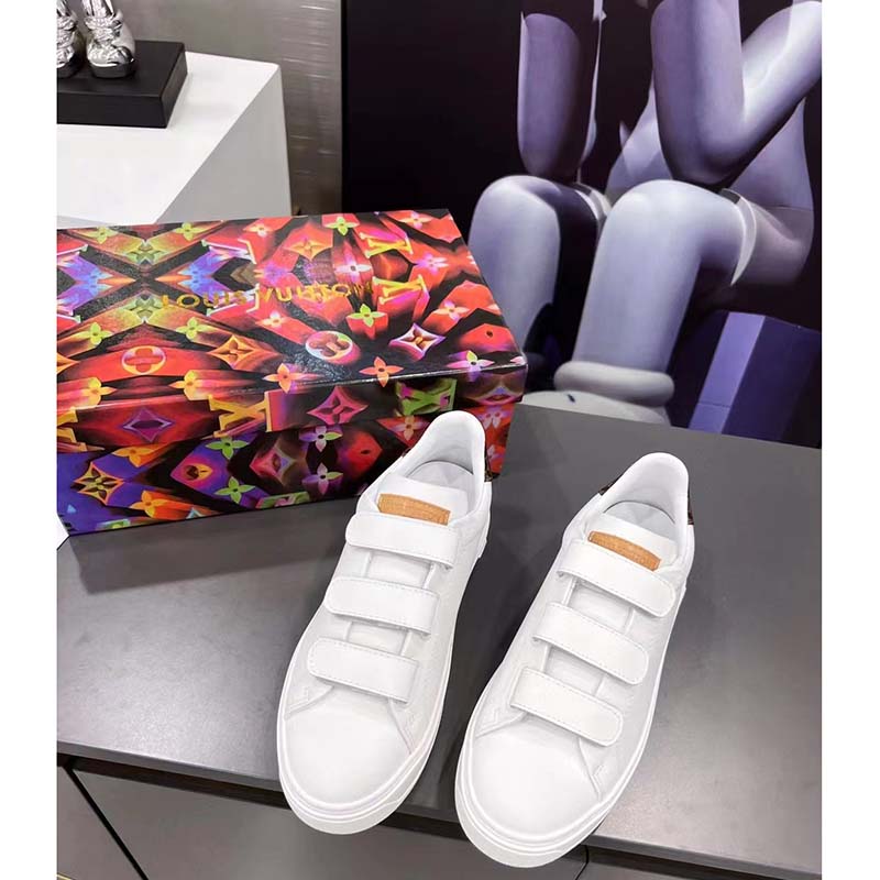 Louis Vuitton LV Unisex Time Out Sneaker White Calf Leather Monogram Canvas