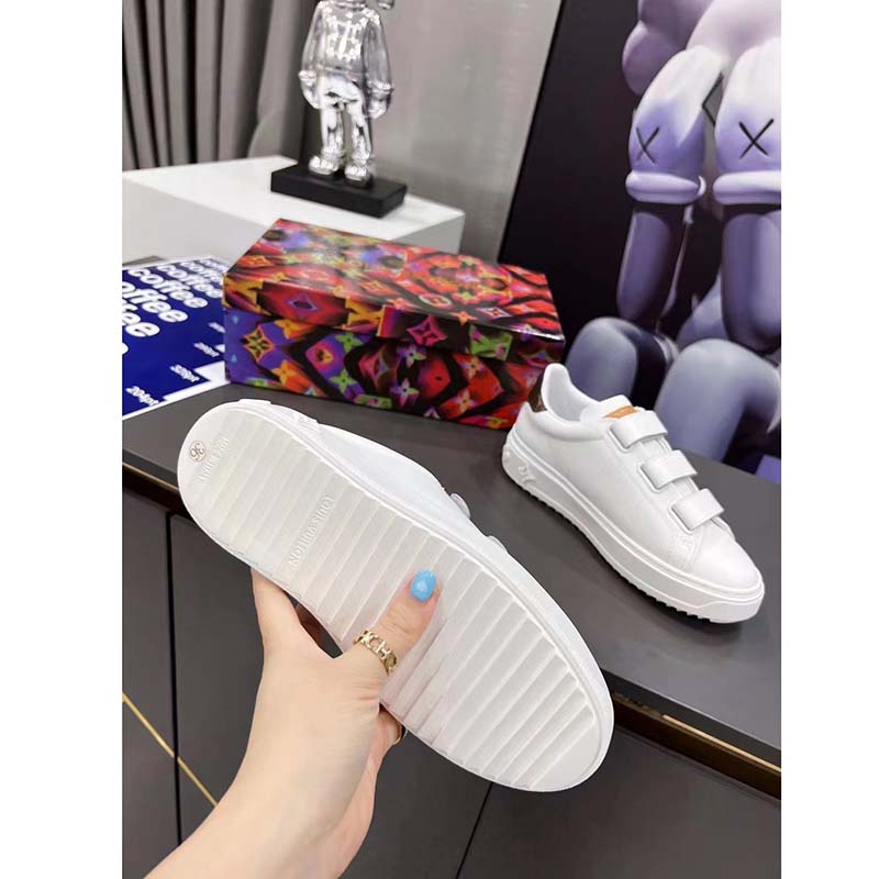 Louis Vuitton LV Unisex Time Out Sneaker White Calf Leather Monogram Canvas