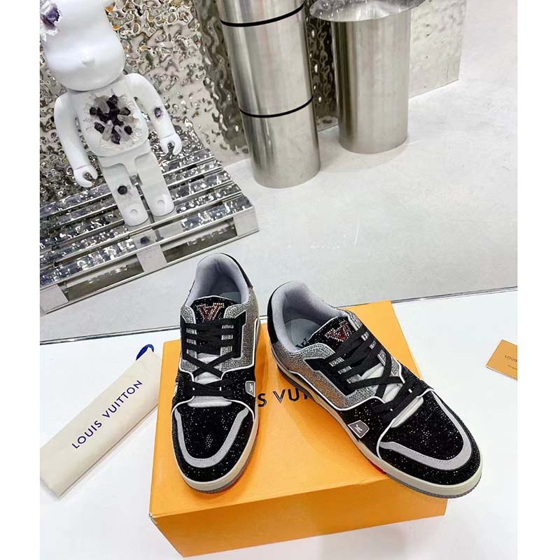 Louis Vuitton LV Unisex Trainer Sneaker Black Strass Rubber Outsole 54 Initials Signature