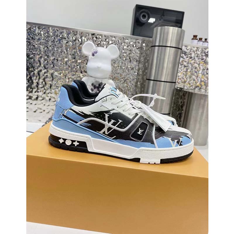 Louis Vuitton LV Unisex Trainer Sneaker Blue Printed Calf Leather Rubber Outsole