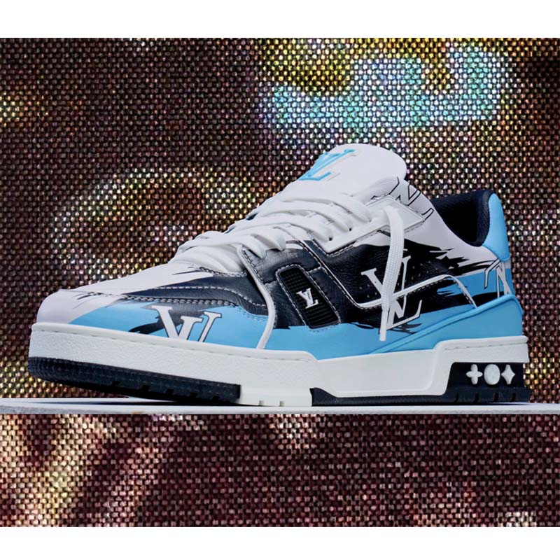 Louis Vuitton LV Unisex Trainer Sneaker Blue Printed Calf Leather Rubber Outsole