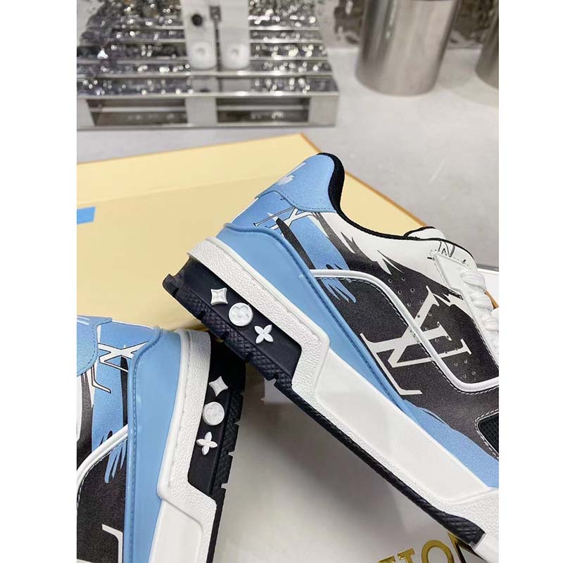 Louis Vuitton LV Unisex Trainer Sneaker Blue Printed Calf Leather Rubber Outsole