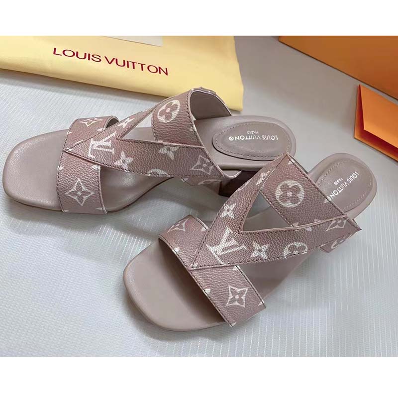Louis Vuitton LV Women Croisiere Flat Mule Beige Monogram Embossed Grained Calf Leather