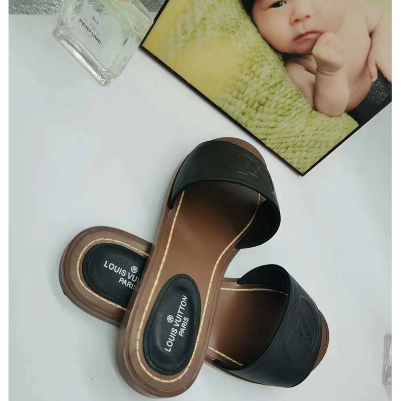 Louis Vuitton LV Women Lock It Flat Mule Black Grained Calf Leather