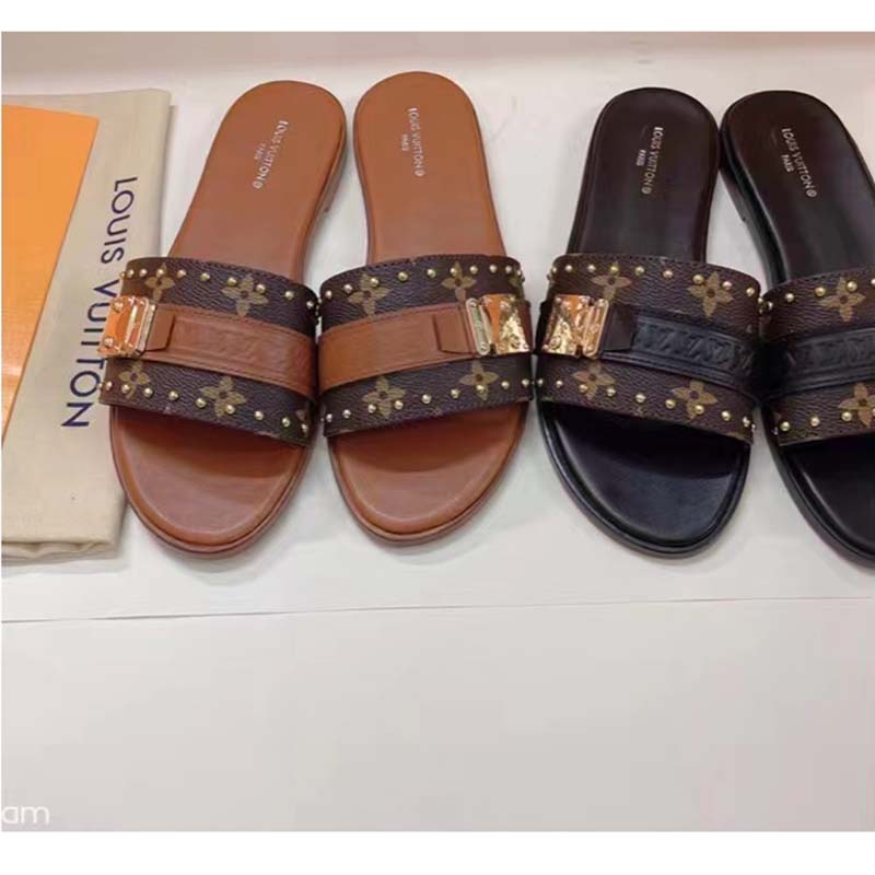 Louis Vuitton LV Women Lock It Flat Mule Black Patent Monogram Canvas