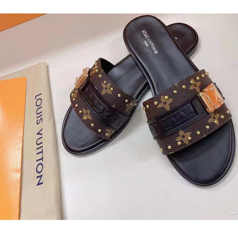 Louis Vuitton LV Women Lock It Flat Mule Black Patent Monogram Canvas