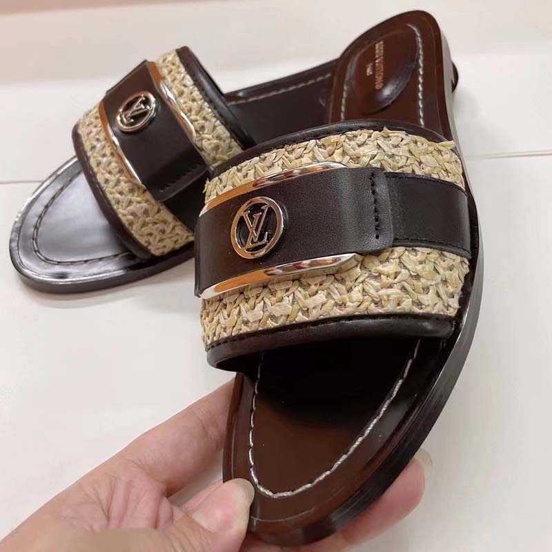 Louis Vuitton LV Women Lock It Flat Mule Black Raffia Calf Leather