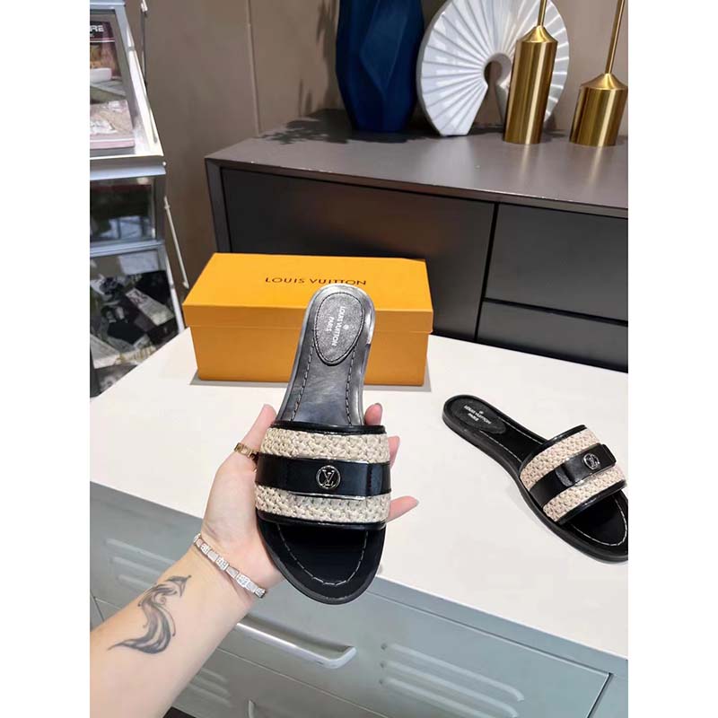 Louis Vuitton LV Women Lock It Flat Mule Black Raffia Calf Leather