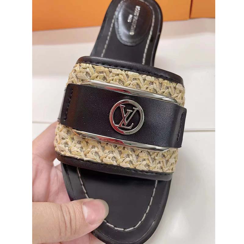 Louis Vuitton LV Women Lock It Flat Mule Black Raffia Calf Leather
