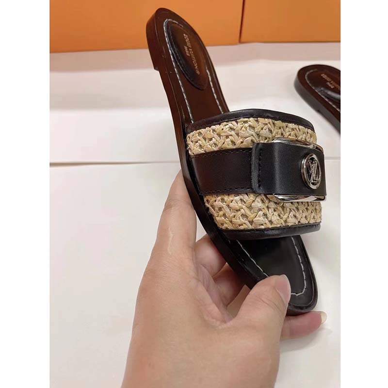 Louis Vuitton LV Women Lock It Flat Mule Black Raffia Calf Leather