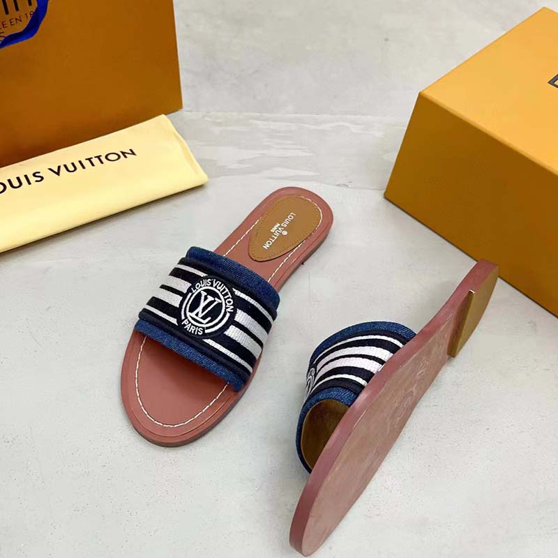 Louis Vuitton LV Women Lock It Flat Mule Blue Denim Leather LV Circle