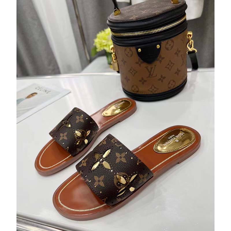 Louis Vuitton LV Women Lock It Flat Mule Gold Perforated Monogram Canvas