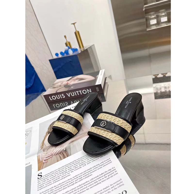 Louis Vuitton LV Women Lock It Mule Black Raffia Calf Leather Circle 3.5 cm Heel
