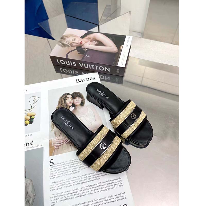 Louis Vuitton LV Women Lock It Mule Black Raffia Calf Leather Circle 3.5 cm Heel