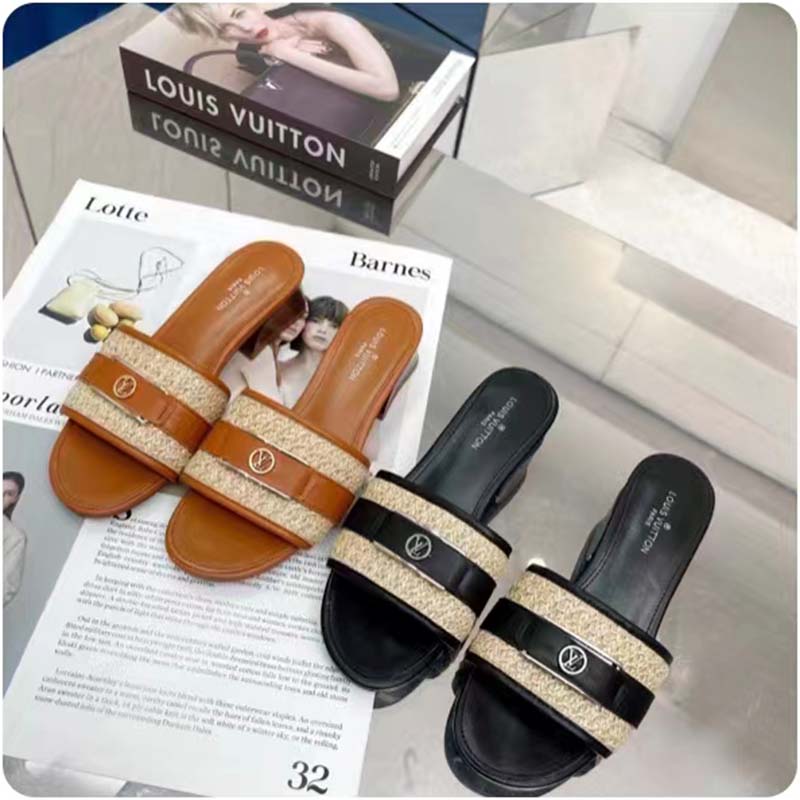 Louis Vuitton LV Women Lock It Mule Black Raffia Calf Leather Circle 3.5 cm Heel
