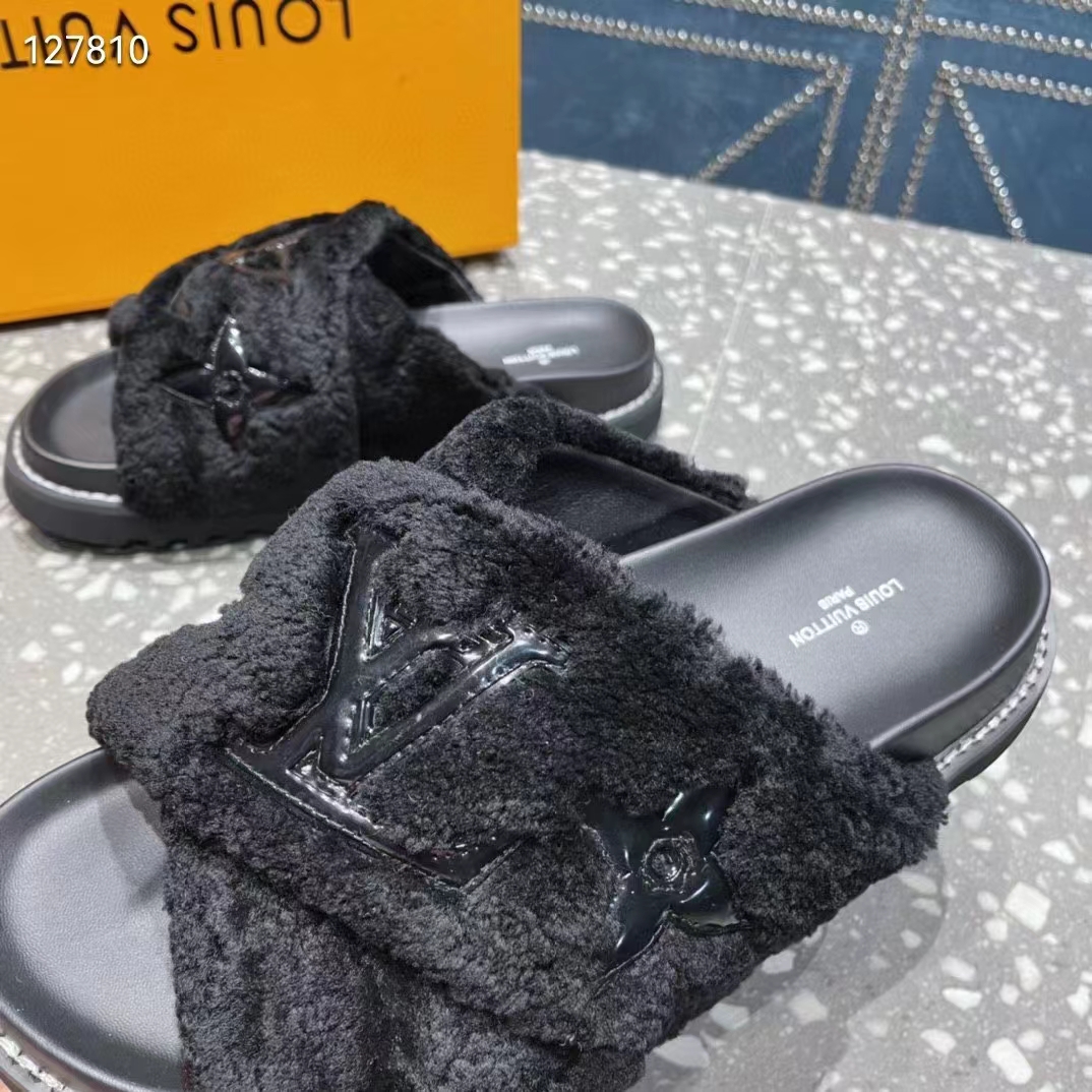 Louis Vuitton LV Women Paseo Flat Comfort Mule Black Shearling Anatomic Insole