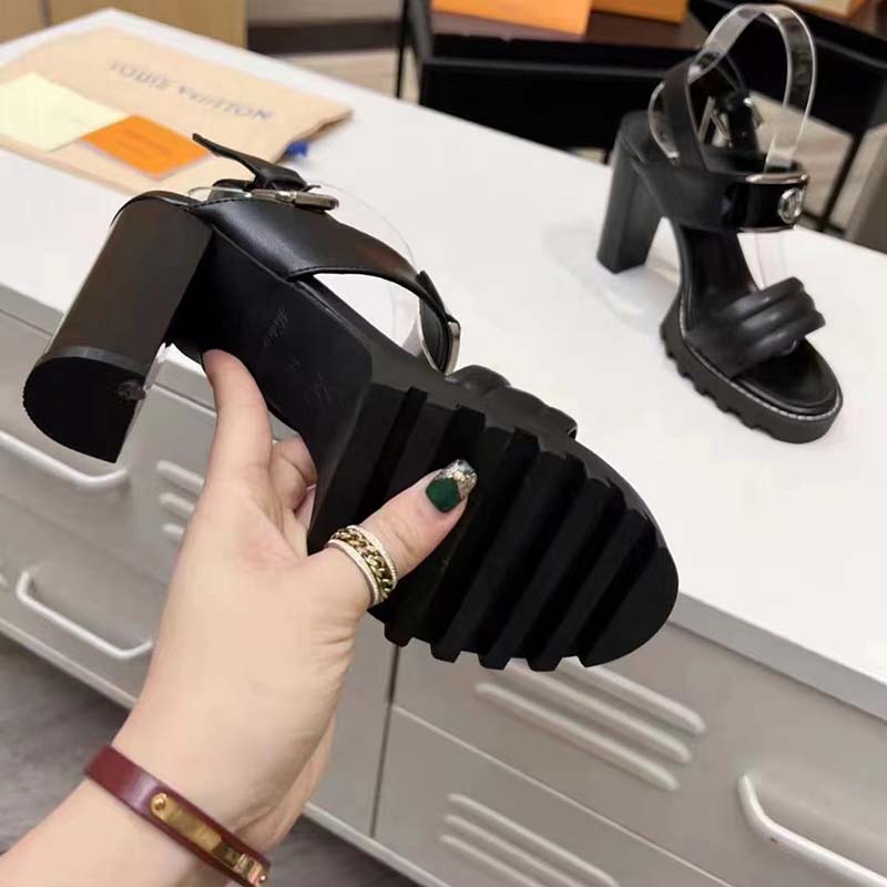 Louis Vuitton LV Women Star Trail Sandal Black Patent Calf Leather 9.5 cm Heel