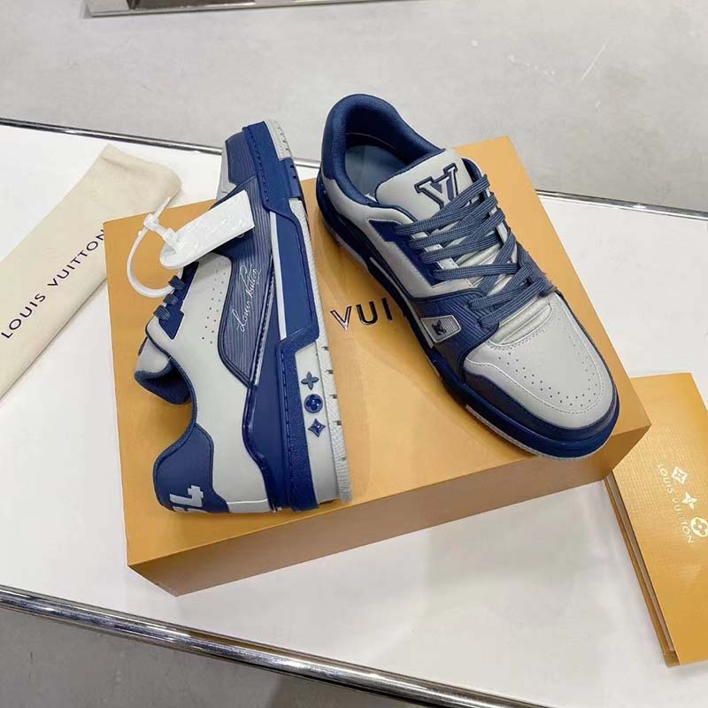 Louis Vuitton Unisex LV Trainer Sneaker Navy Blue Epi Calf Leather Rubber Outsole