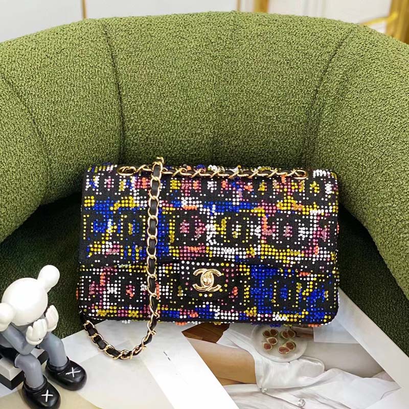 Chanel Women CC Classic Handbag Embroidered Tweed Glass Beads Strass Metal Black Multicolor