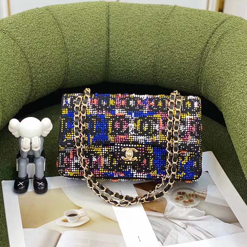 Chanel Women CC Classic Handbag Embroidered Tweed Glass Beads Strass Metal Black Multicolor