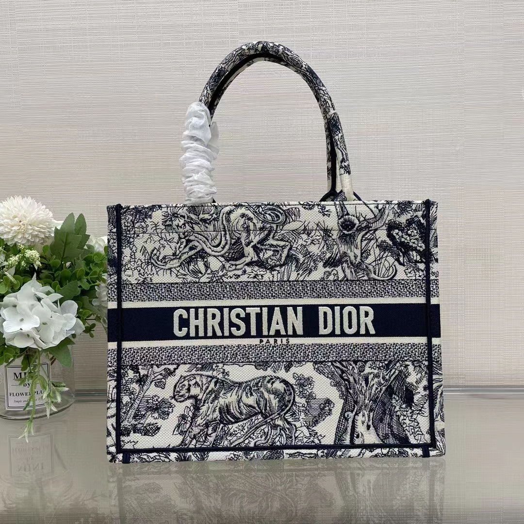 Dior Unisex CD Medium Book Tote Navy Blue Toile De Jouy Embroidery