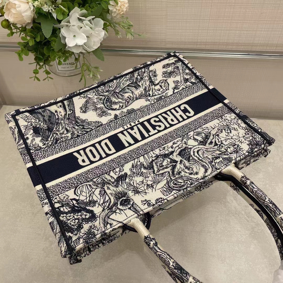 Dior Unisex CD Medium Book Tote Navy Blue Toile De Jouy Embroidery