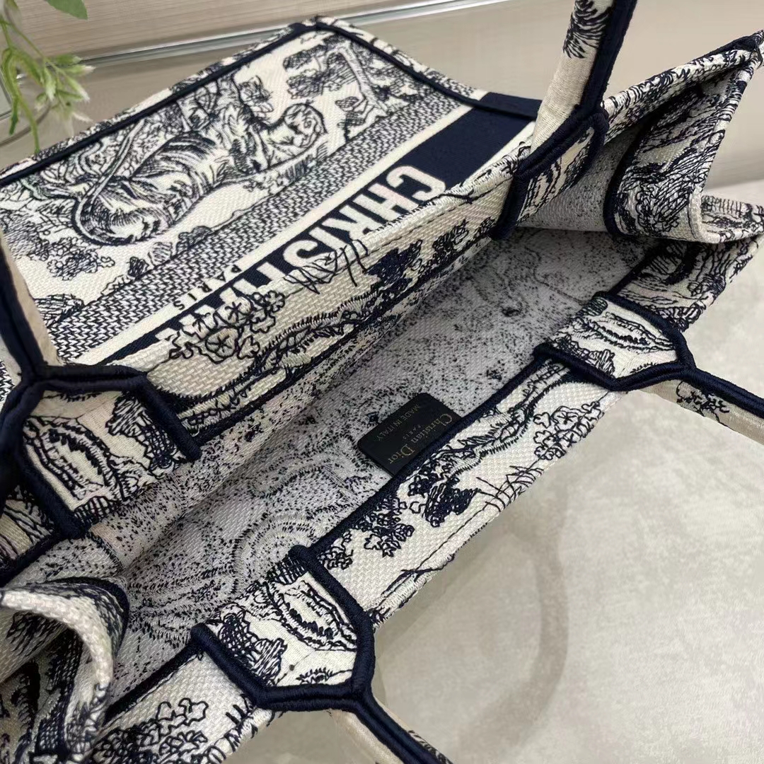 Dior Unisex CD Medium Book Tote Navy Blue Toile De Jouy Embroidery