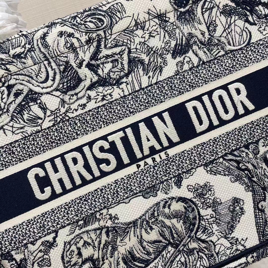 Dior Unisex CD Medium Book Tote Navy Blue Toile De Jouy Embroidery