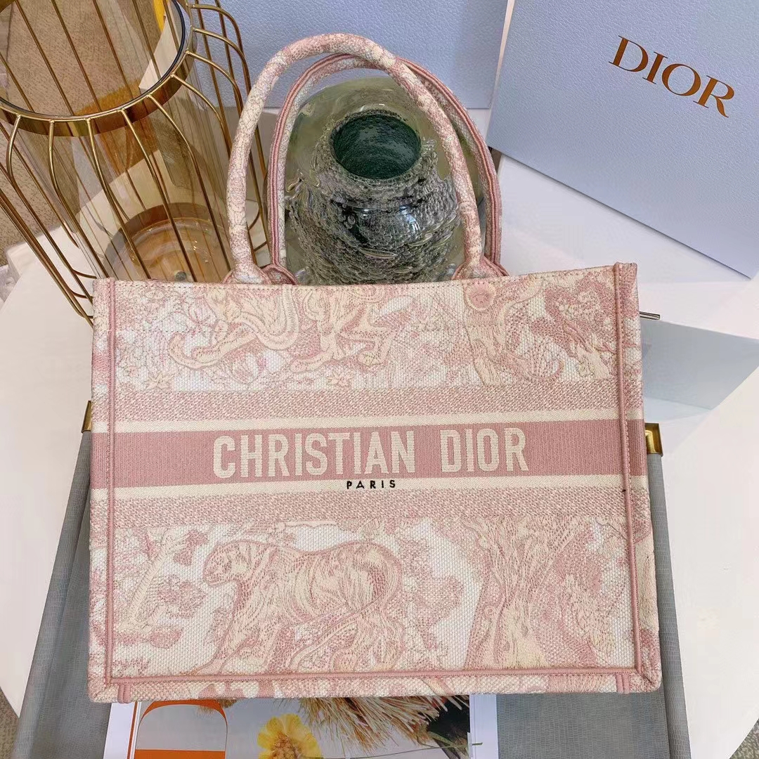 Dior Unisex CD Medium Book Tote Pink Toile De Jouy Embroidery