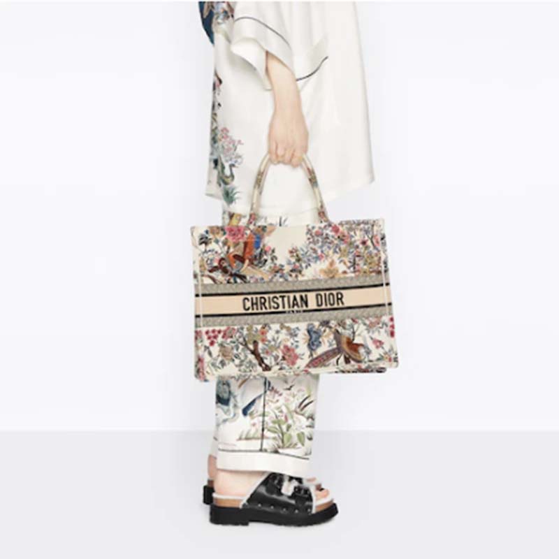 Dior Women CD Large Book Tote Ecru Multicolor Jardin D’Hiver Embroidery
