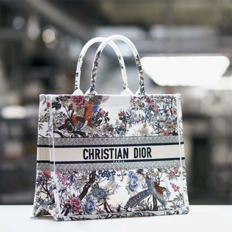 Dior Women CD Large Book Tote Ecru Multicolor Jardin D’Hiver Embroidery