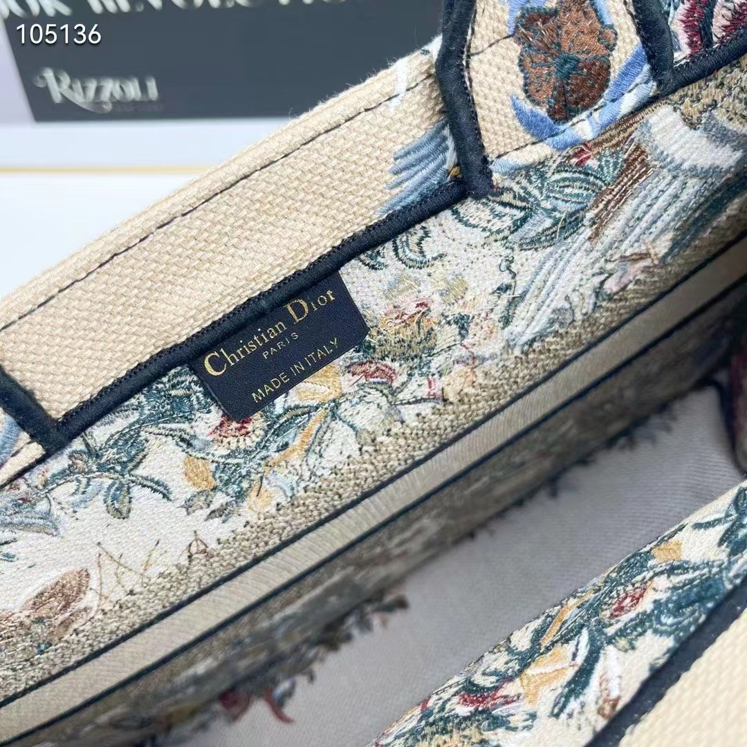 Dior Women CD Medium Book Tote Beige Multicolor Jardin D’Hiver Embroidery