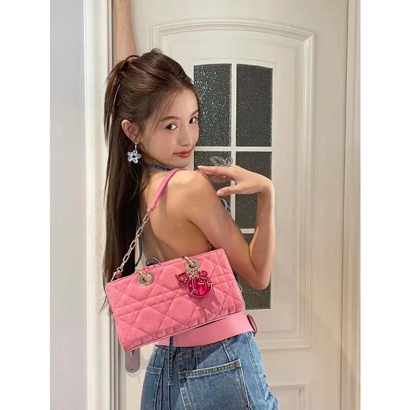Dior Women CD Medium Lady D-Joy Bag Bright Pink Cannage Denim
