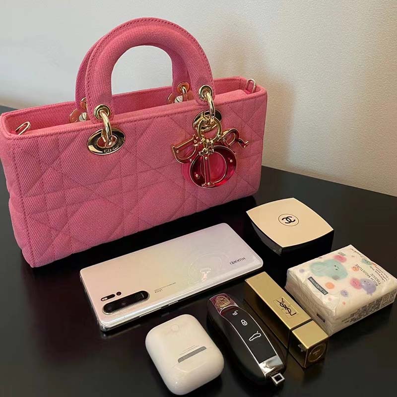 Dior Women CD Medium Lady D-Joy Bag Bright Pink Cannage Denim