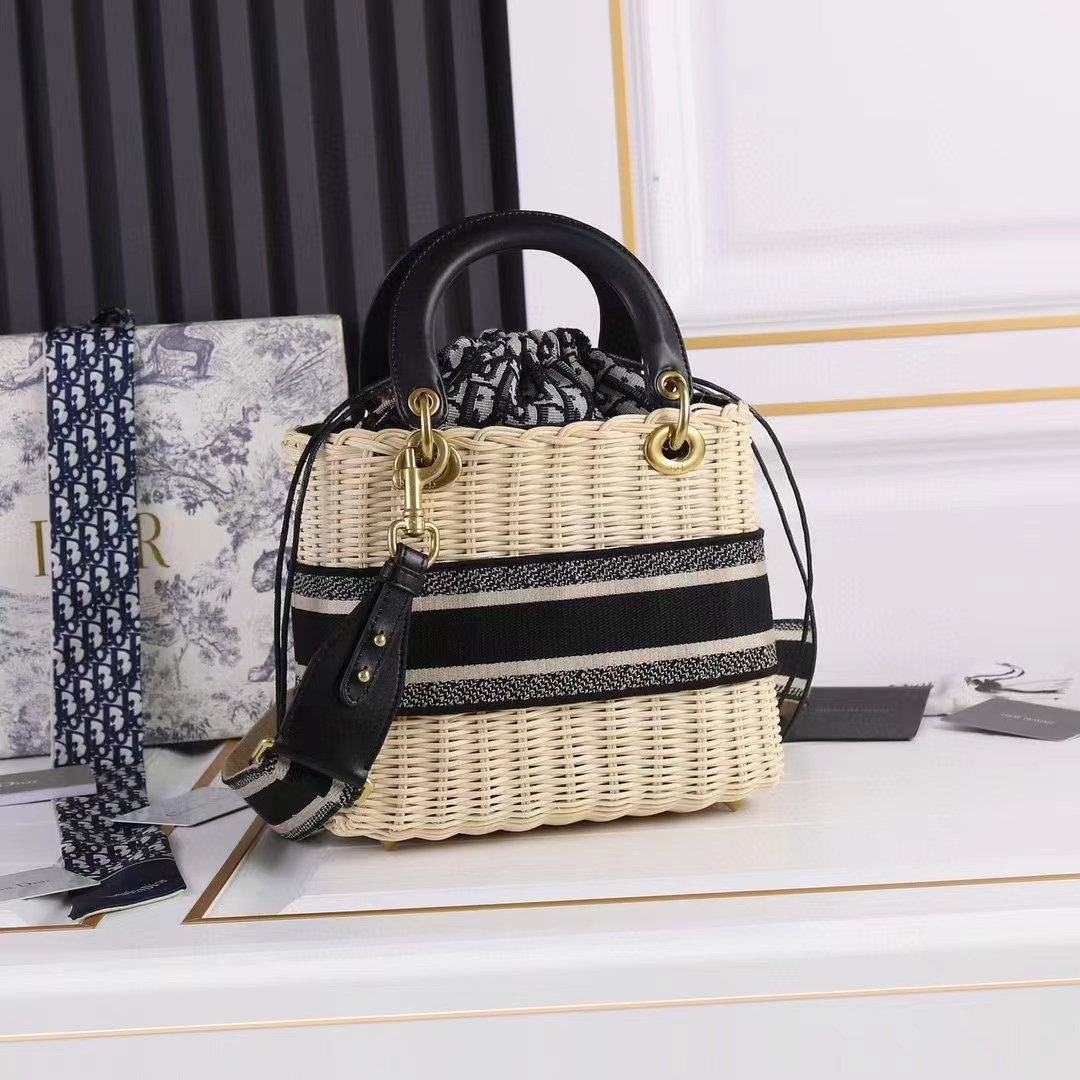 Dior Women CD Medium Lady Dior Bag Natural Wicker Blue Oblique Jacquard