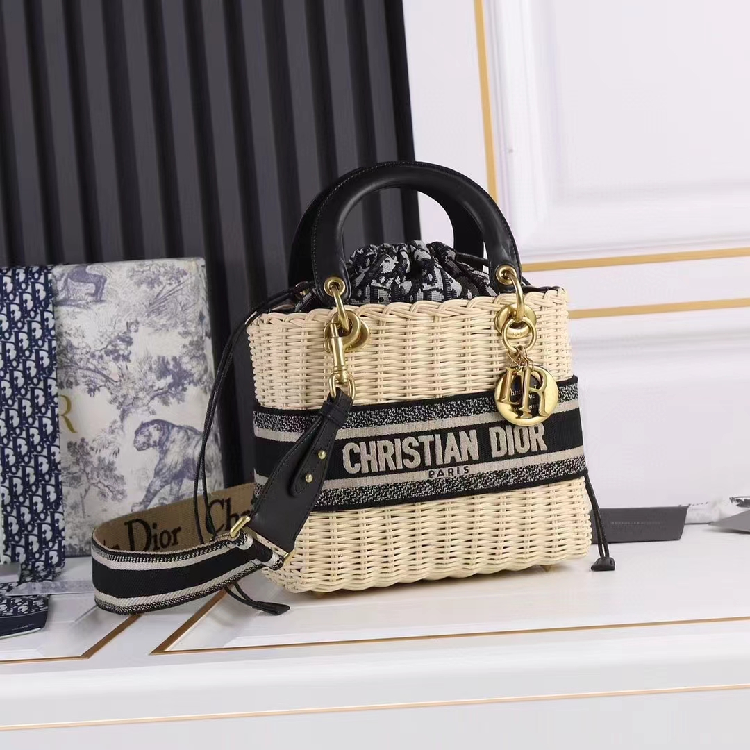Dior Women CD Medium Lady Dior Bag Natural Wicker Blue Oblique Jacquard