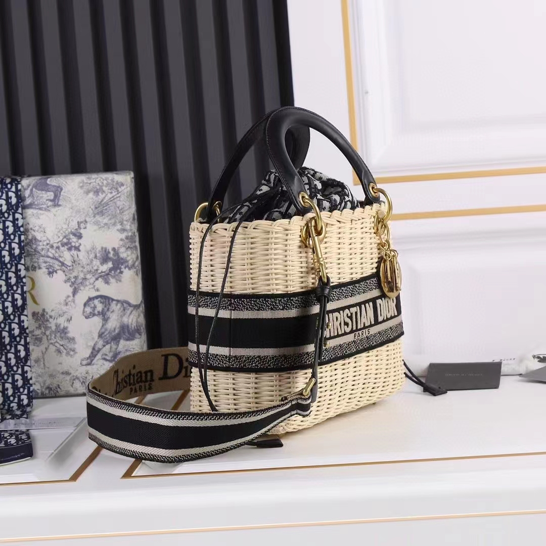 Dior Women CD Medium Lady Dior Bag Natural Wicker Blue Oblique Jacquard