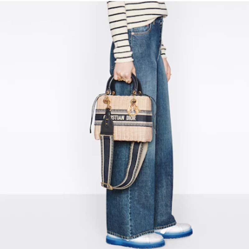 Dior Women CD Medium Lady Dior Bag Natural Wicker Blue Oblique Jacquard