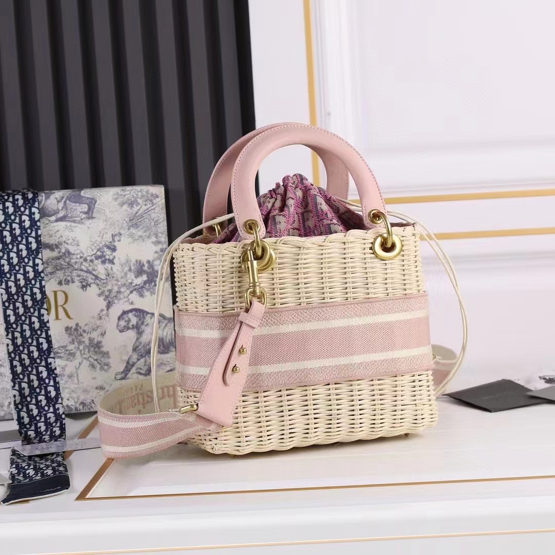 Dior Women CD Medium Lady Dior Handbag Natural Wicker Fluorescent Pink Oblique Jacquard