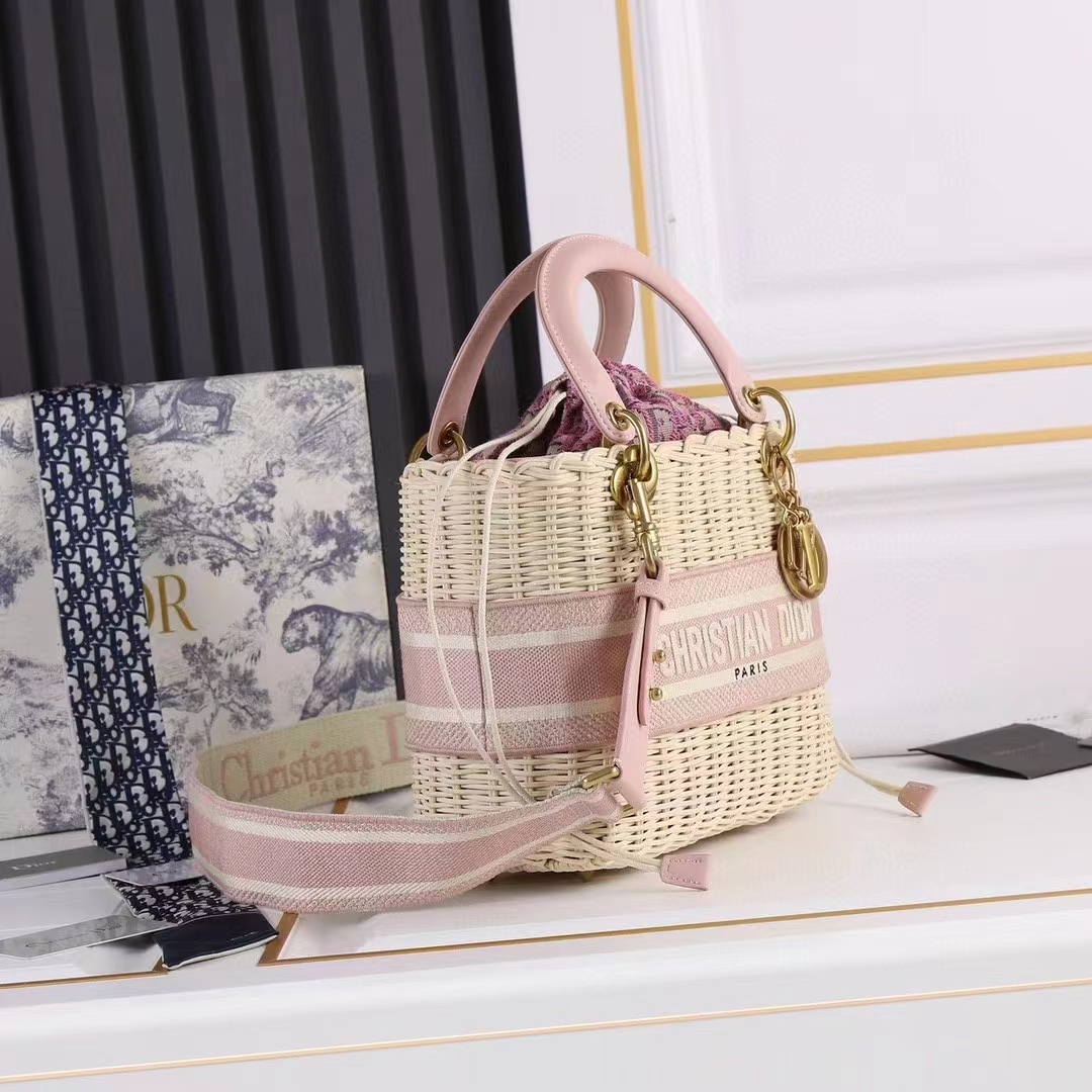 Dior Women CD Medium Lady Dior Handbag Natural Wicker Fluorescent Pink Oblique Jacquard