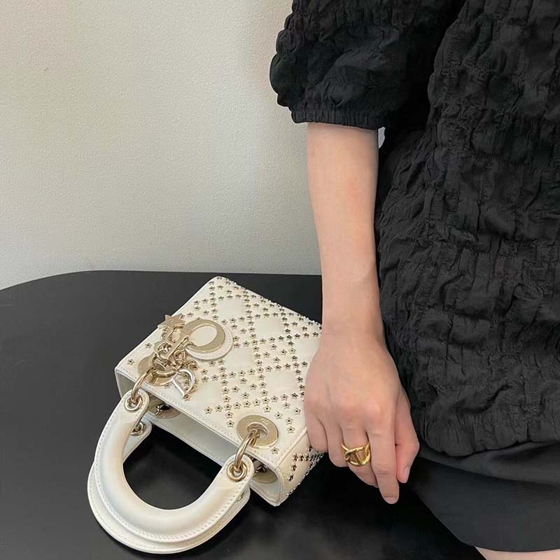 Dior Women CD Mini Lady Dior Bag Latte Lucky Star Cannage Lambskin