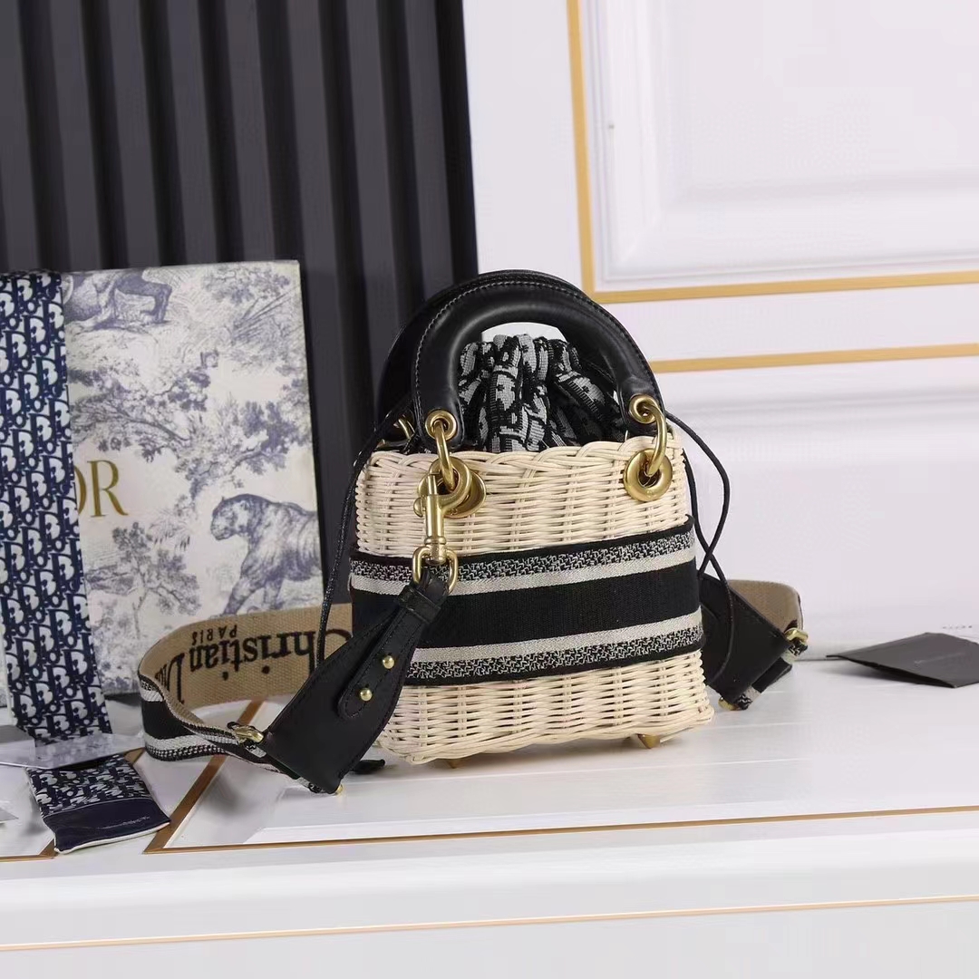 Dior Women CD Mini Lady Dior Handbag Natural Wicker Navy Blue Oblique Jacquard