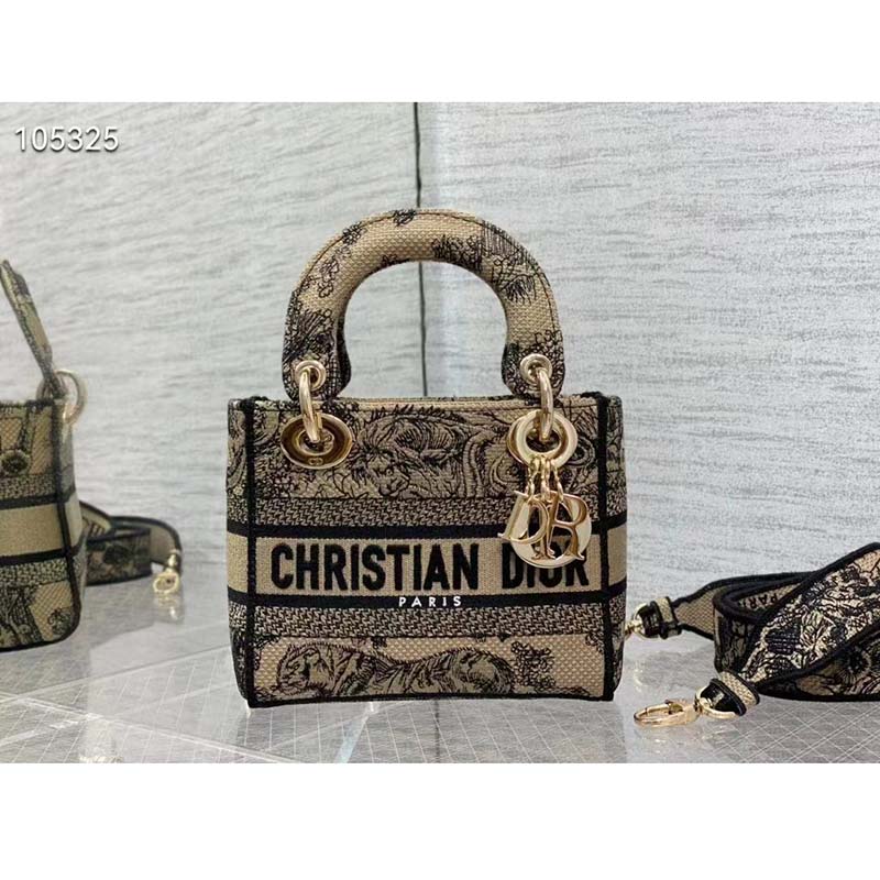 Dior Women Mini Lady D-Lite Bag Brown Toile De Jouy Embroidery