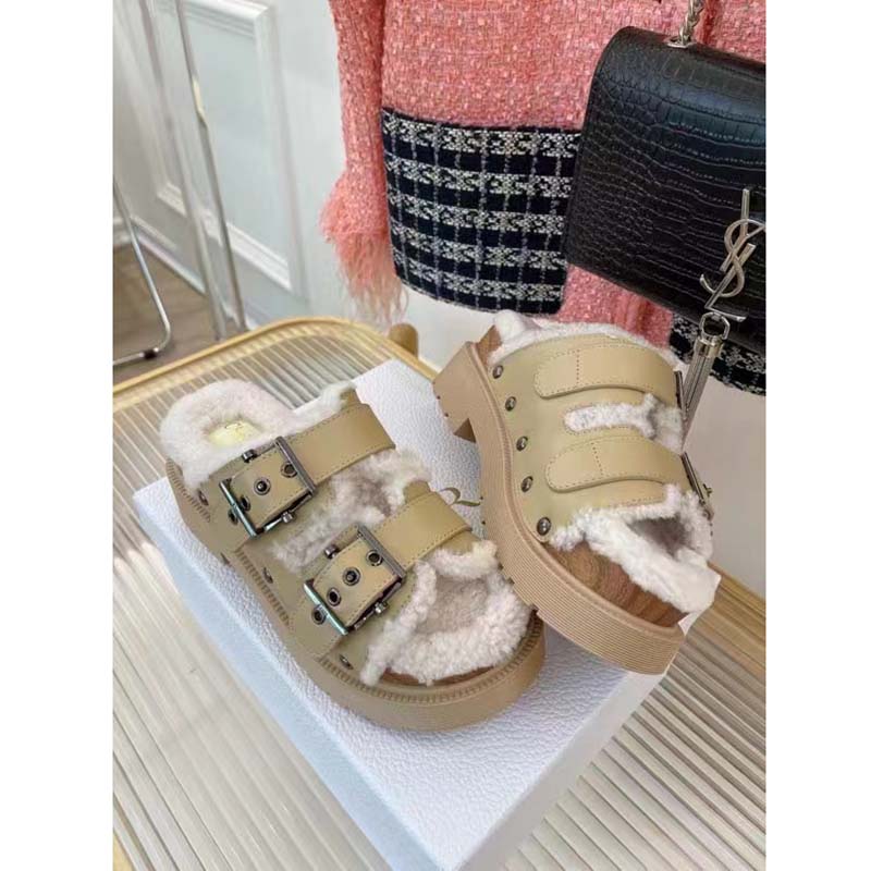 Dior Women Shoes CD Diorquake Strap Sandal Hazelnut Calfskin White Shearling