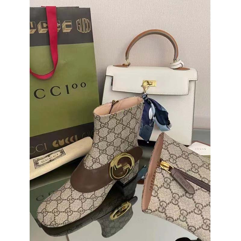 G*u*i blondie women’s ankle boot beige ebony gg supreme canvas low 5 cm heel